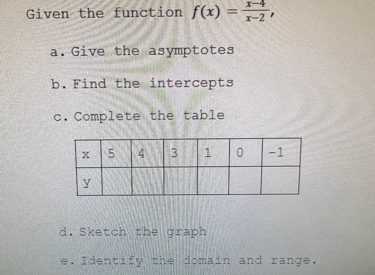 Given the function f(x) =
a. Give the asymptotes
b. Find the intercepts
c. Complete the table
Y
15
4
B
1
0
x-21
d. Sketch the graph
e. Identify the domain and range.