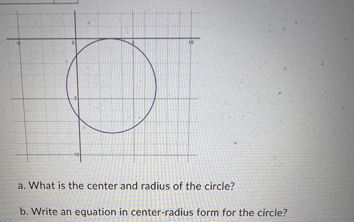 s
0
-5
10
a. What is the center and radius of the circle?
b. Write an equation in center-radius form for the circle?