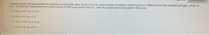 A finanical analyst is wondering whether the proportion of young adults (ages 18-29) in the U.S. would consider investing in cryptocurrency is different from the national average, which is
0.16. The researcher collected data from a random sample of 1000 young adults in the U.S. State the hypotheses to be tested for this study
OH-016, Ha#018
OH10, H 10
OyA016 H₂p0,10
O&Hop-16 H₂p 16