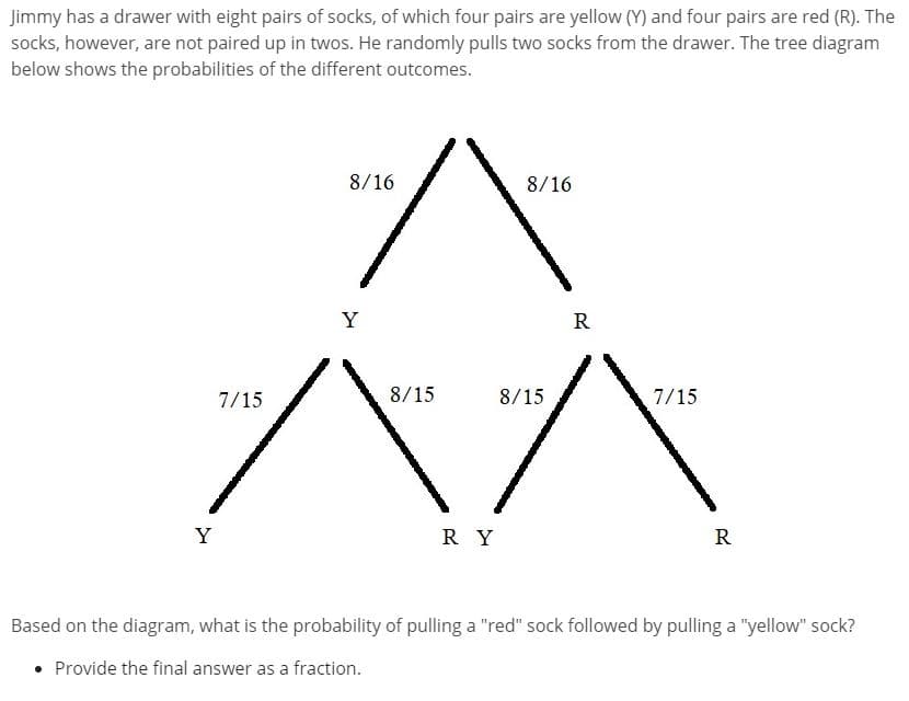 Jimmy has a drawer with eight pairs of socks, of which four pairs are yellow (Y) and four pairs are red (R). The
socks, however, are not paired up in twos. He randomly pulls two socks from the drawer. The tree diagram
below shows the probabilities of the different outcomes.
8/16
8/16
Y
R
7/15
8/15
8/15
7/15
Y
R Y
R
Based on the diagram, what is the probability of pulling a "red" sock followed by pulling a "yellow" sock?
• Provide the final answer as a fraction.
