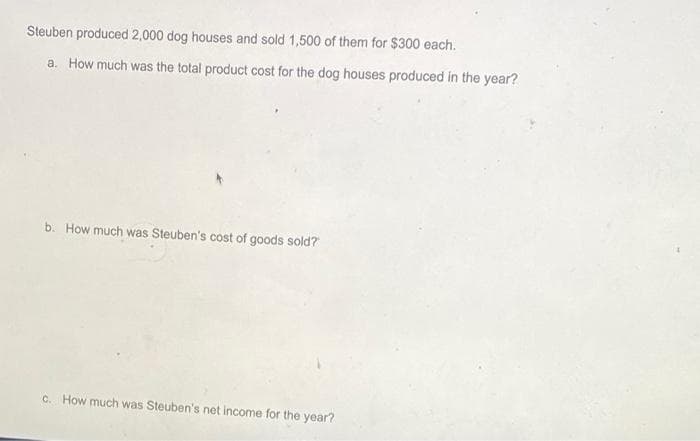 Steuben produced 2,000 dog houses and sold 1,500 of them for $300 each.
a. How much was the total product cost for the dog houses produced in the year?
b. How much was Steuben's cost of goods sold?
c. How much was Steuben's net income for the year?