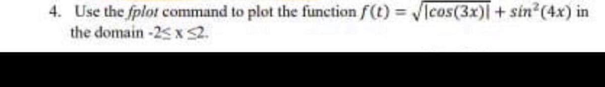 4. Use the fplot command to plot the function f(t) VIcos(3x)+ sin (4x) in
the domain -2s x 2.
