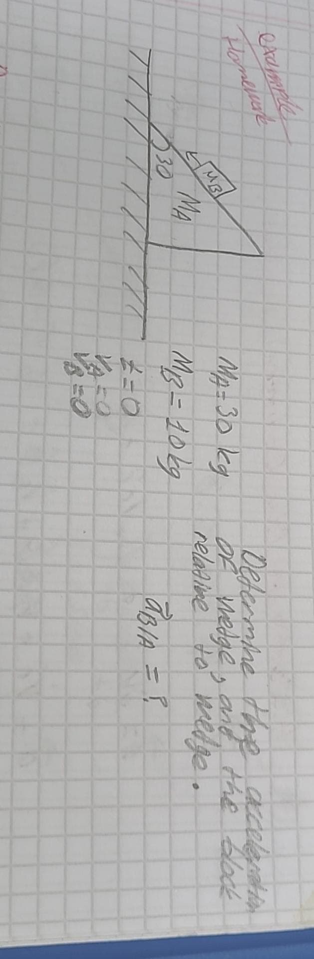 example
Homewure
MB
MA
77777
230
MA= 30 kg
MB = 10kg
2=0
VAZO
V₁=0
Determine the acceleration
of wedge, and the block
relative to wedge.
aBIA = P