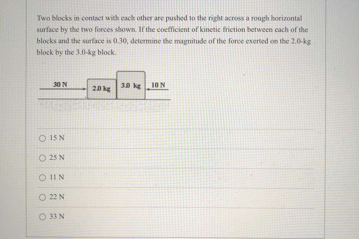 Two blocks in contact with each other are pushed to the right across a rough horizontal
surface by the two forces shown. If the coefficient of kinetic friction between each of the
blocks and the surface is 0.30, determine the magnitude of the force exerted on the 2.0-kg
block by the 3.0-kg block.
30 N
20 kg
30 kg
10 N
O 15 N
O 25 N
O 11 N
22 N
O 33 N
