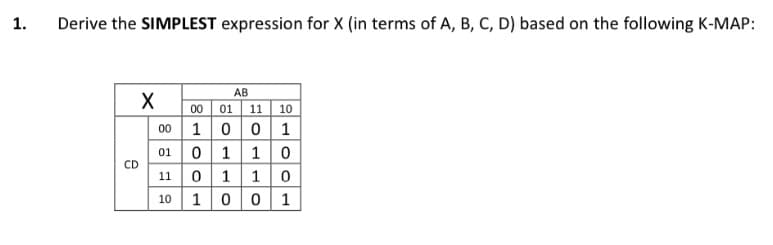 1.
Derive the SIMPLEST expression for X (in terms of A, B, C, D) based on the following K-MAP:
AB
X
00
01 11
10
00
100
1
01
0
1 1
0
CD
11
0 1 1
0
10
100
1