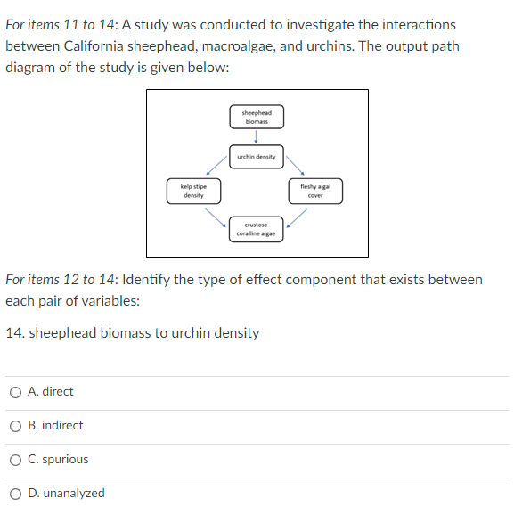 For items 11 to 14: A study was conducted to investigate the interactions
between California sheephead, macroalgae, and urchins. The output path
diagram of the study is given below:
sheephead
biomass
urchin density
kelp stipe
density
fleshy algal
cover
crustose
coralline algae
For items 12 to 14: Identify the type of effect component that exists between
each pair of variables:
14. sheephead biomass to urchin density
O A. direct
O B. indirect
O C. spurious
O D. unanalyzed
