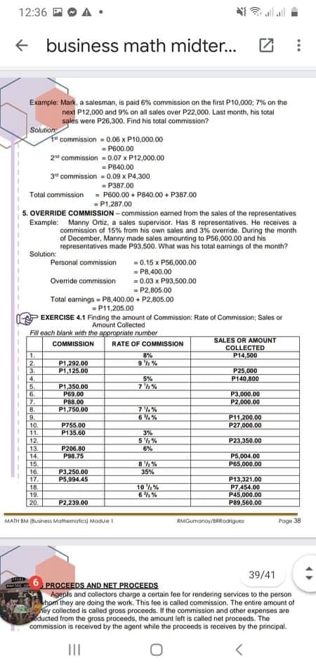 12:36 D
I alall
business math midter...
Example: Mark, a saleaman, is paid 6% commission on the first P10.000; 7% on the
next P12,000 and 9% on all sales over P22,000. Last month, his total
sales were P26,300. Find his total commission?
Solution
TH commission = 0.06 x P10,000.00
= P600.00
2d commission = 0.07 x P12,000.00
= P840.00
3" commission -0.09 x P4,300
= P387.00
Total commission = P600.00 + P840.00 + P387.00
P1,287.00
5. OVERRIDE COMMISSION - commission earned from the sales of the representatives
Example: Manny Ortiz, a sales supervisor. Has 8 representatives. He receives a
commission of 15% from his own sales and 3% averride. During the month
of December, Manny made sales amounting to P56,000.00 and his
representatives made P93,500. What was his total earmings of the month?
Solution:
Personal commission
-0.15 x P56,000.00
= P8,400.00
= 0.03 x P93,500.00
= P2,805.00
Override commission
Tatal earnings = Pa,400.00 + P2,805.00
= P11,205.00
EXERCISE 4.1 Finding the amount of Commission: Rate of Commission; Sales or
Amount Collected
Fil each blank with the appropriate number
SALES OR AMOUNT
COLLECTED
P14,500
3.
COMMISSION
RATE OF COMMISSION
1.
2.
3.
4.
8%
9'h%
P1,292.00
P1,125.00
P25,000
P140,800
5%
7 %
5.
6.
7.
8.
P1,350.00
P69.00
P3,000.00
P2.000.00
P88.00
P1,750,00
7%
P11,200.00
P27,000.00
9.
10.
P755.00
11.
P135.60
3%
5,%
P23,350.00
12.
P206.80
P98.75
13.
6%
P5,004.00
P65,000.00
14.
15.
P3,250.00
P5,994.45
35%
16.
17.
P13,321.00
10 ,%
6%%
18.
P7.454.00
19.
P45,000.00
20.
P2,239.00
P89,560.00
MATH BM Business Mathematici Modue
RMGumarioy/BRRodriguer
Poge 38
39/41
PROCEEDS AND NET PROCEEDS
Agepts and collectors charge a certain fee for rendering services to the person
whom they are doing the work. This fee is called commission. The entire amount of
hey collected is called gross proceeds. If the commission and other expenses are
ducted from the gross proceeds, the amount lett is called net proceeds. The
commission is received by the agent while the proceeds is receives by the principal.
II
