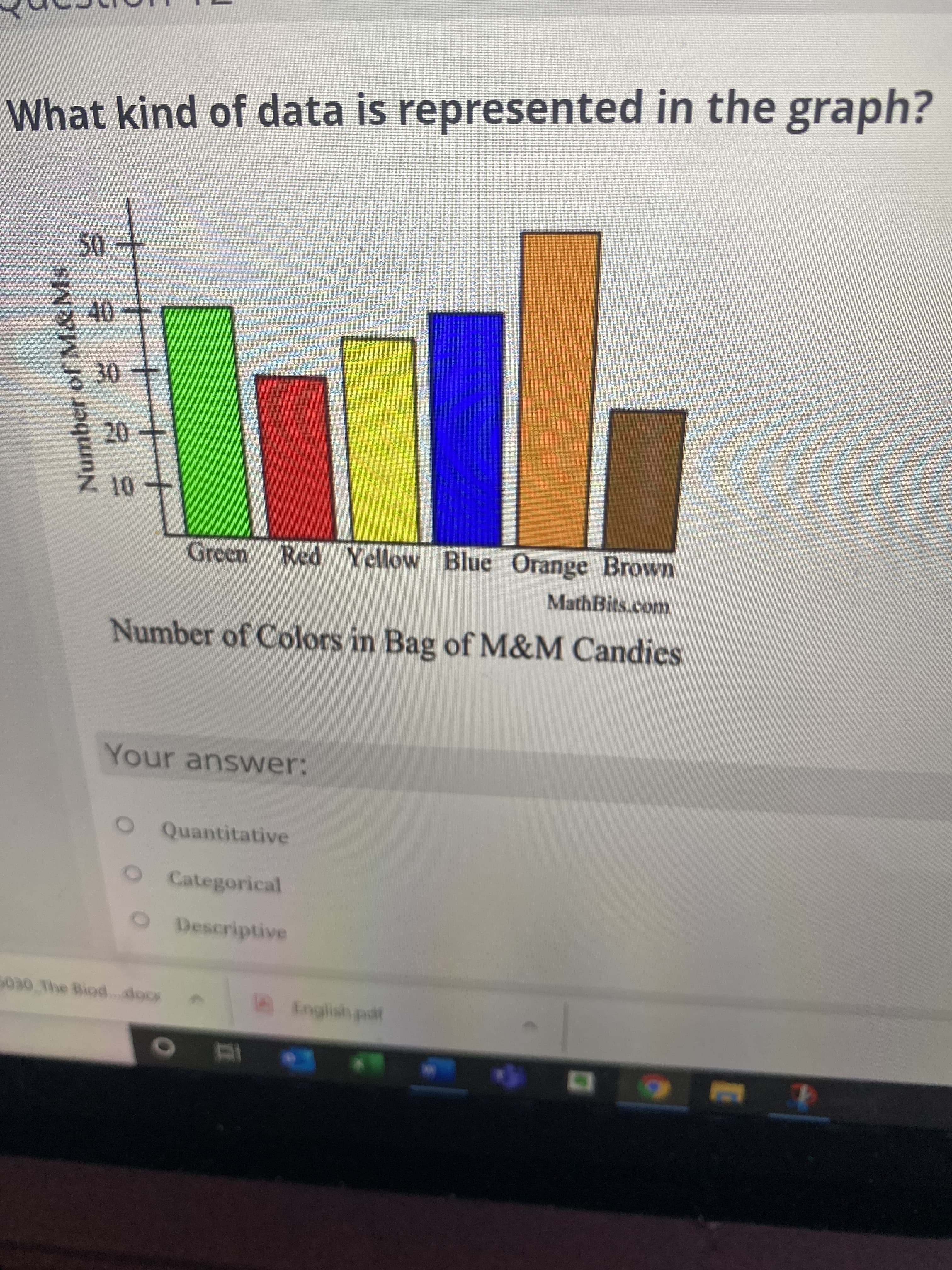 Number of M&Ms
What kind of data is represented in the graph?
40
30
20.
Green Red Yellow Blue Orange Brown
MathBits.com
Number of Colors in Bag of M&M Candies
Your answer:
OQuantitative
OCategorical
Descriptive
5030 The Biod... doox
English paf
