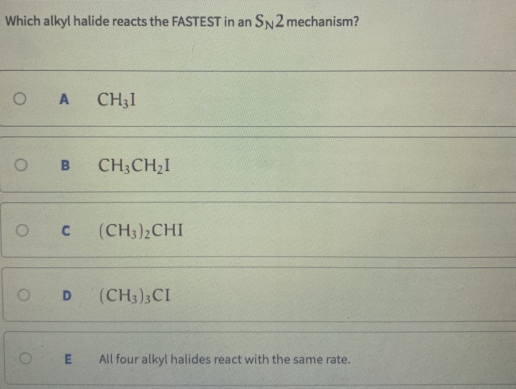 Which alkyl halide reacts the FASTEST in an SN2 mechanism?
