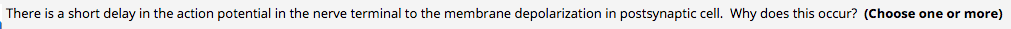 There is a short delay in the action potential in the nerve terminal to the membrane depolarization in postsynaptic cell. Why does this occur? (Choose one or more)
