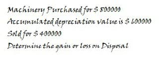 Machinery Purchased for $ s00000
Arcumulated depreciation value is $ 600000
Sold for $ 400000
Determine the gain or loss on Disposal
