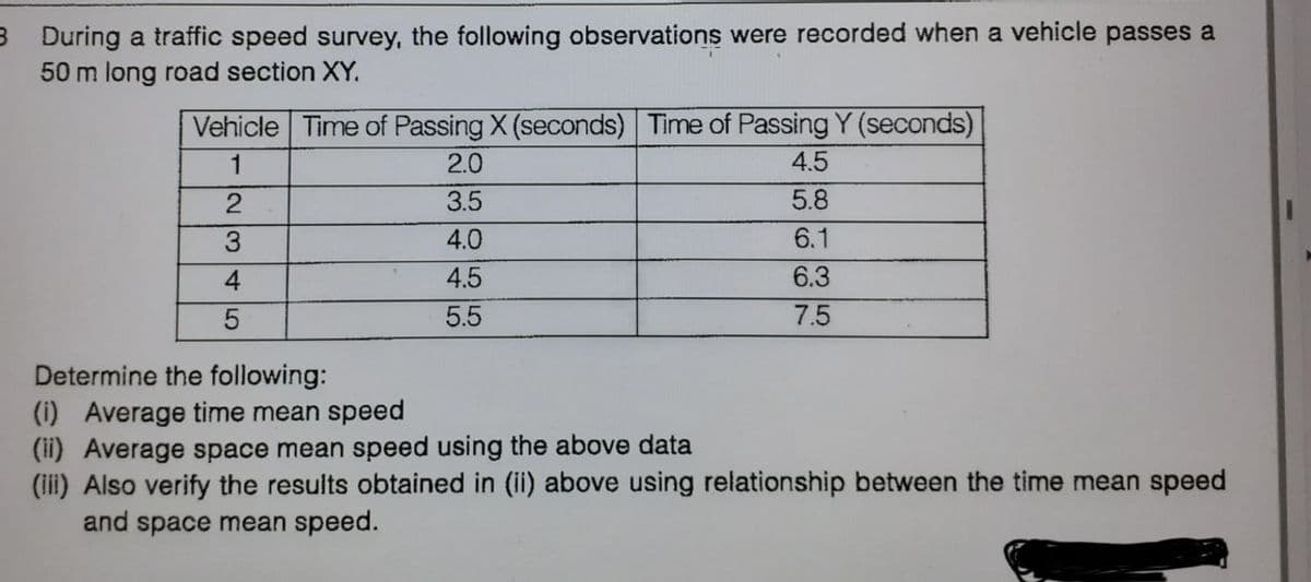 3
During a traffic speed survey, the following observations were recorded when a vehicle passes a
50 m long road section XY.
Vehicle Time of Passing X (seconds) Time of Passing Y (seconds)
1
4.5
5.8
6.1
6.3
7.5
23
4
5
2.0
3.5
4.0
4.5
5.5
Determine the following:
(i) Average time mean speed
(ii) Average space mean speed using the above data
(iii) Also verify the results obtained in (ii) above using relationship between the time mean speed
and space mean speed.