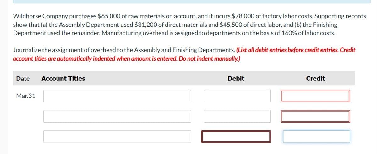 Wildhorse Company purchases $65,000 of raw materials on account, and it incurs $78,000 of factory labor costs. Supporting records
show that (a) the Assembly Department used $31,200 of direct materials and $45,500 of direct labor, and (b) the Finishing
Department used the remainder. Manufacturing overhead is assigned to departments on the basis of 160% of labor costs.
Journalize the assignment of overhead to the Assembly and Finishing Departments. (List all debit entries before credit entries. Credit
account titles are automatically indented when amount is entered. Do not indent manually.)
Date Account Titles
Mar.31
Debit
Credit