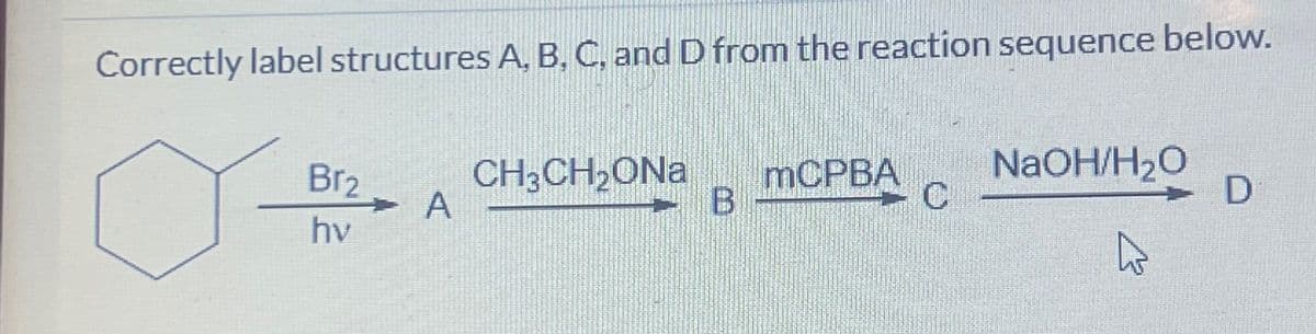 Correctly label structures A, B, C, and D from the reaction sequence below.
Br₂
hv
A
CH,CH,ONa mCPBA
B
NaOH/H₂O
D