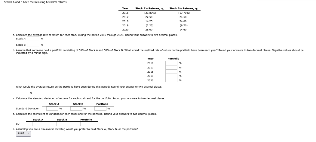 Stocks A and B have the following historical returns:
2017
2018
2019
2020
Year
Stock A's Returns, "A
Stock B's Returns, r
2016
(23.80%)
22.50
(17.70%)
24.50
ITT
14.25
(2.25)
25.00
24.00
(9.70)
14.60
%
a. Calculate the average rate of return for each stock during the period 2016 through 2020. Round your answers to two decimal places.
Stock A:
Stock B:
%
b. Assume that someone held a portfolio consisting of 50% of Stock A and 50% of Stock B. What would the realized rate of return on the portfolio have been each year? Round your answers to two decimal places. Negative values should be
Indicated by a minus sign.
Year
Portfolio
2016
%
2017
%
2018
%
2019
%
2020
%
What would the average return on the portfolio have been during this period? Round your answer to two decimal places.
%
c. Calculate the standard deviation of returns for each stock and for the portfolio. Round your answers to two decimal places.
Standard Deviation
Stock A
%
Stock B
%
Portfolio
%
d. Calculate the coefficient of variation for each stock and for the portfolio. Round your answers to two decimal places.
CV
Stock A
Stock B
Portfolio
e. Assuming you are a risk-averse investor, would you prefer to hold Stock A, Stock B, or the portfolio?
-Select-
✓