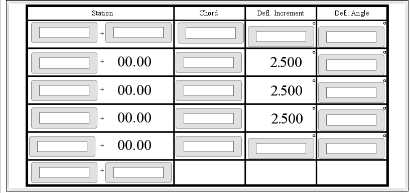 Station
+
+
+
+
C
+
00.00
00.00
00.00
00.00
C
Chord
Defl. Increment
2.500
2.500
2.500
0
Defl. Angle