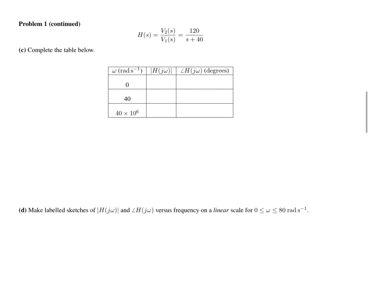 Problem 1 (continued)
(c) Complete the table below.
w (rads-¹)
0
H(s)
40
40 x 106
=
V₂(s)
V₁(s)
|H(jw)|
=
120
s + 40
LH (jw) (degrees)
(d) Make labelled sketches of H(jw) and ZH(jw) versus frequency on a linear scale for 0 ≤ w ≤ 80 rads-¹.