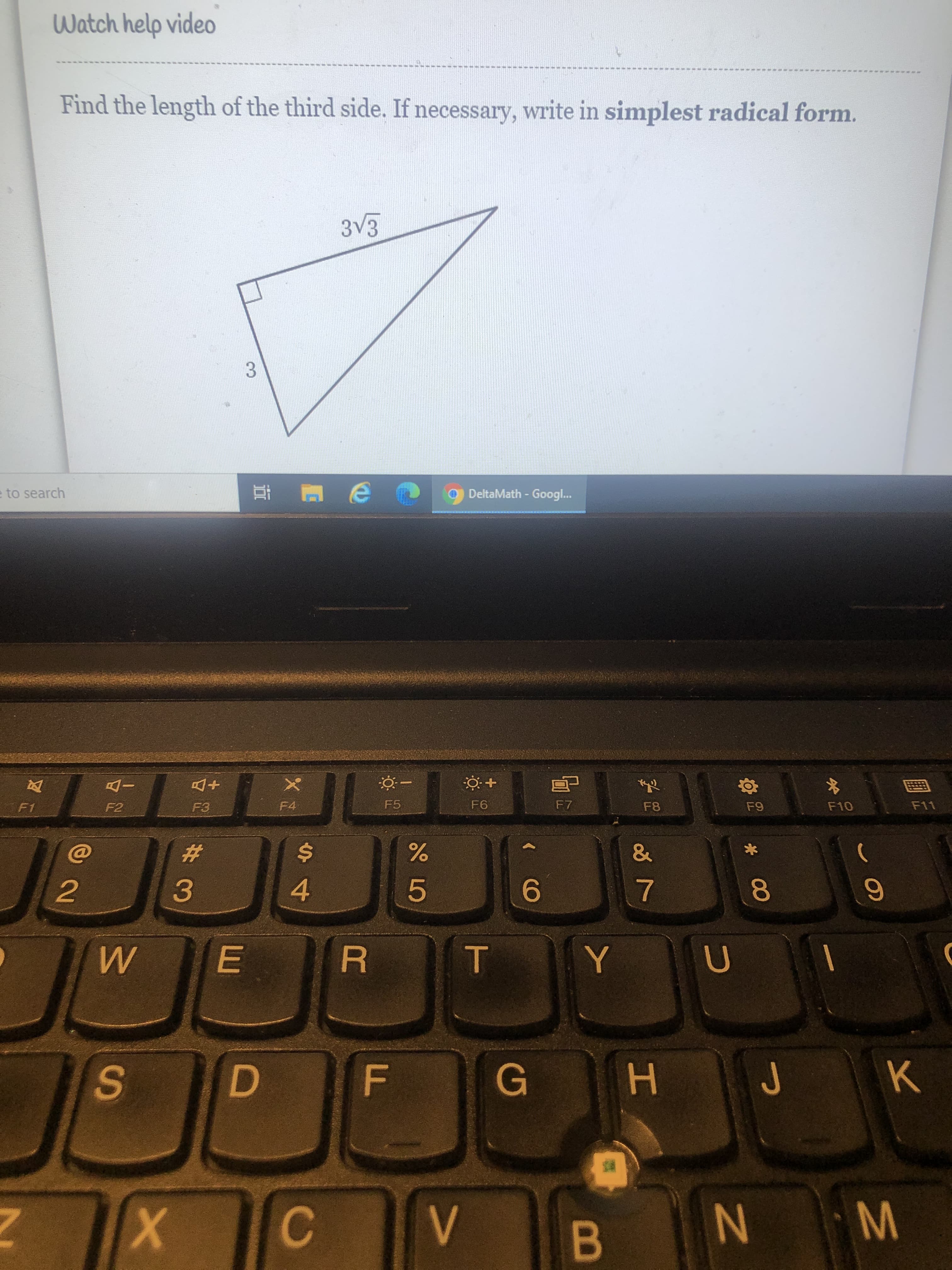 Find the length of the third side. If necessary, write in simplest radical form.
3V3
