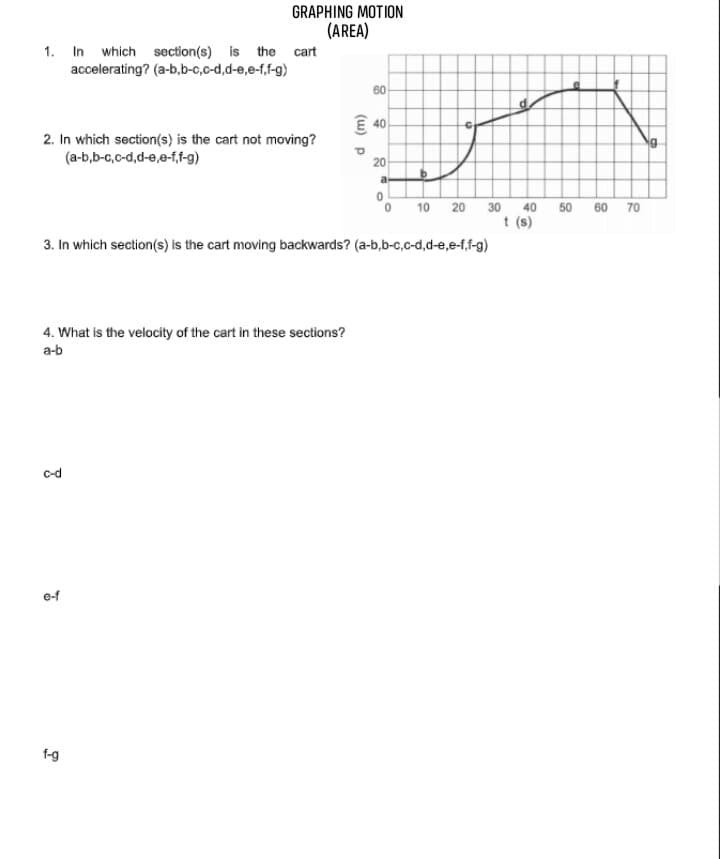 GRAPHING MOTION
(AREA)
1. In which section(s) is the cart
accelerating? (a-b,b-c,c-d,d-e,e-f,f-g)
60
E 40
2. In which section(s) is the cart not moving?
(a-b,b-c,c-d,d-e,e-f,f-g)
20
10
20 30 40 50 60 70
t (s)
3. In which section(s) is the cart moving backwards? (a-b,b-c,c-d,d-e,e-f,f-g)
4. What is the velocity of the cart in these sections?
a-b
c-d
e-f
f-g
(w) p
