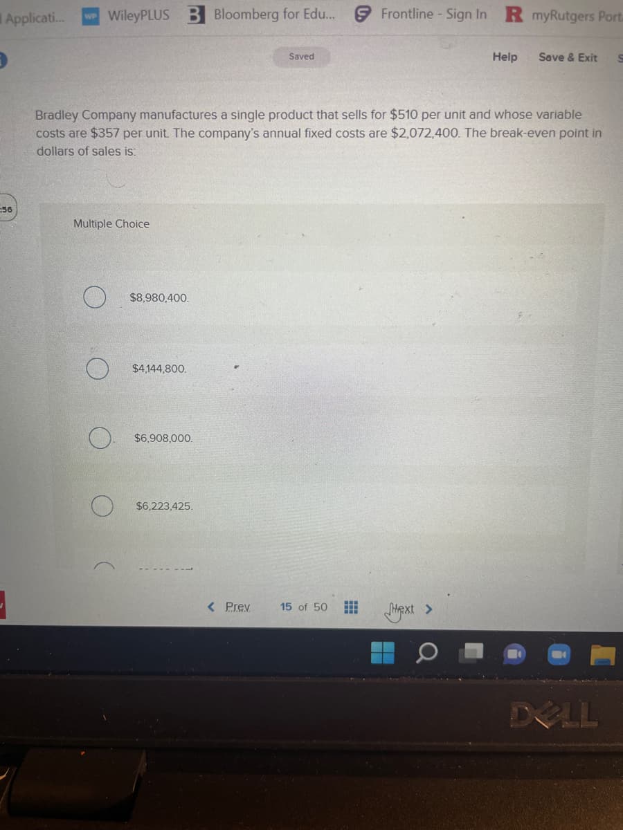 **Break-Even Analysis for Bradley Company**

Bradley Company manufactures a single product that sells for $510 per unit and whose variable costs are $357 per unit. The company's annual fixed costs are $2,072,400. The break-even point in dollars of sales is:

### Question:
What is the break-even point in dollars of sales?

### Multiple Choice Options:
- A. $8,980,400.
- B. $4,144,800.
- C. $6,908,000.
- D. $6,223,425.

### Explanation:
To determine the break-even point in sales dollars, you can use the Break-Even Formula:

\[
\text{Break-Even Point (in sales dollars)} = \frac{\text{Fixed Costs}}{1 - \left(\frac{\text{Variable Costs per Unit}}{\text{Selling Price per Unit}}\right)}
\]

Where:
- Fixed Costs = $2,072,400
- Variable Costs per Unit = $357
- Selling Price per Unit = $510

Substituting the values into the formula gives:

\[
\text{Break-Even Point} = \frac{2,072,400}{1 - \left(\frac{357}{510}\right)}
\]

Simplify the fraction inside the parentheses:

\[
\frac{357}{510} = 0.7
\]

Then, 1 - 0.7 = 0.3. Now, complete the calculation:

\[
\text{Break-Even Point} = \frac{2,072,400}{0.3} \approx 6,908,000
\]

So, the correct answer is **C. $6,908,000**.