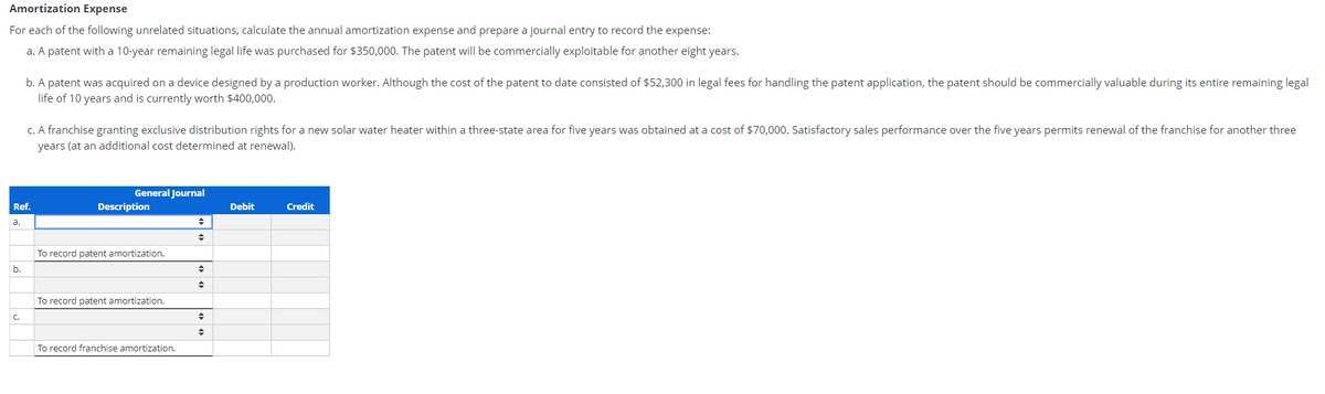 Amortization Expense
For each of the following unrelated situations, calculate the annual amortization expense and prepare a journal entry to record the expense:
a. A patent with a 10-year remaining legal life was purchased for $350,000. The patent will be commercially exploitable for another eight years.
b. A patent was acquired on a device designed by a production worker. Although the cost of the patent to date consisted of $52,300 in legal fees for handling the patent application, the patent should be commercially valuable during its entire remaining legal
life of 10 years and is currently worth $400,000.
c. A franchise granting exclusive distribution rights for a new solar water heater within a three-state area for five years was obtained at a cost of $70,000. Satisfactory sales performance over the five years permits renewal of the franchise for another three
years (at an additional cost determined at renewal).
General Journal
Ref.
Description
Debit
Credit
a.
To record patent amortization.
b.
To record patent amortization.
C.
To record franchise amortization.
