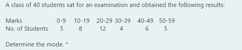 A class of 40 students sat for an examination and obtained the following results:
Marks
0-9
10-19 20-29 30-39 40-49 50-59
No. of Students
5
8
12
4
6.
5
Determine the mode. *
