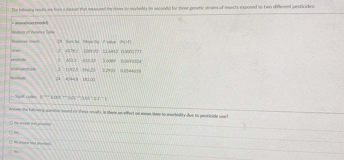 The following results are from a dataset that measured the times to morbidity (in seconds) for three genetic strains of insects exposed to two different pesticides:
> anova(insectmodel)
Analysis of Variance Table
Response: tmorb
Df Sum Sq Mean Sq F value Pr(>F)
strain
4578.1 2289.03 12.6443 0.0001777
pesticide
1
653.3 653.33
3.6089 0.0695524
strain:pesticide
2 1192.5 596.23
3.2935 0.0544618
Residuals
24
4344.8 181.03
Signif. codes: 0 ***' 0.001 ***
0.01 *' 0.05 ? 0.11
Answer the following question based on these results. Is there an effect on mean time to morbidity due to pesticide use?
O No answer text provided.
O No.
O No answer text provided.
O Yes.
