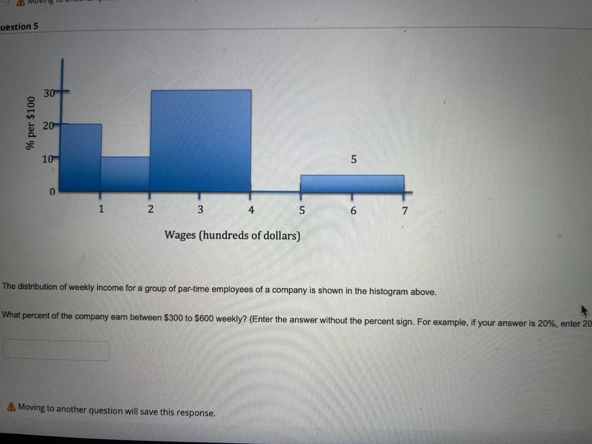 uestion 5
30
20
10
1
3
4
Wages (hundreds of dollars)
The distribution of weekly income for a group of par-time employees of a company is shown in the histogram above.
What percent of the company earn between $300 to $600 weekly? (Enter the answer without the percent sign. For example, if your answer is 20%, enter 20
A Moving to another question will save this response.
% per $100
