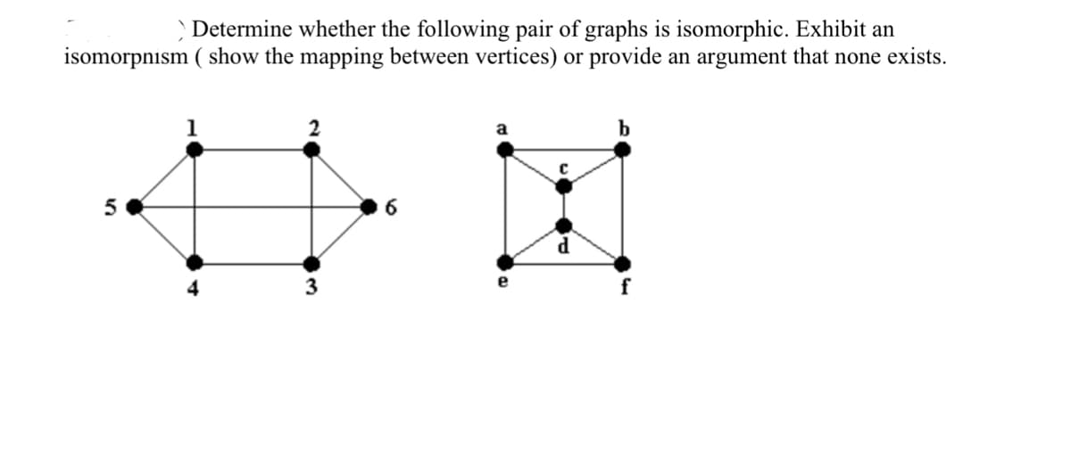 Determine whether the following pair of graphs is isomorphic. Exhibit an
isomorpnism ( show the mapping between vertices) or provide an argument that none exists.
3
