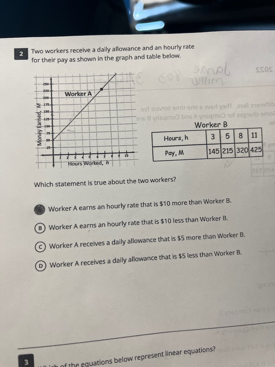 Two workers receive a daily allowance and an hourly rate
for their pay as shown in the graph and table below.
Willim
SOSS
-250-
225-
Worker A
200-
175-
150-
125-
S16 ysqmoƆ bns A ynsqmo 101 29g1er moa
Worker B
B.
-100-
75-
50-
Hours, h
8 11
Pay, M
145 215 320 425
Hours Worked, h
Which statement is true about the two workers?
Worker A earns an hourly rate that is $10 more than Worker B.
B Worker A earns an hourly rate that is $10 less than Worker B.
(c) Worker A receives a daily allowance that is $5 more than Worker B.
D Worker A receives a daily allowance that is $5 less than Worker B.
3\
hinh of the egquations below represent linear equations?
LO
Money Earned, M H+
