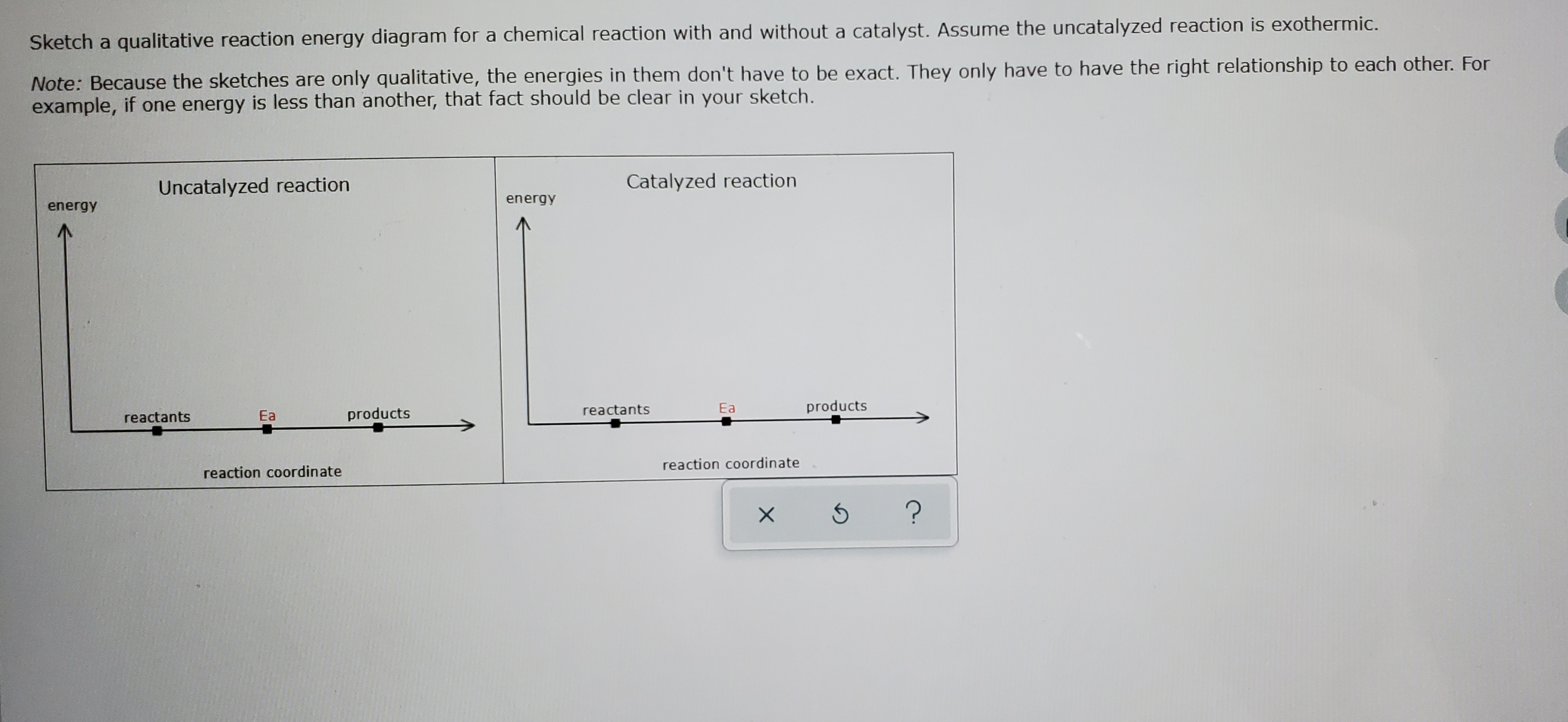 Sketch a qualitative reaction energy diagram for a chemical reaction with and without a catalyst. Assume the uncatalyzed reaction is exothermic.
Note: Because the sketches are only qualitative, the energies in them don't have to be exact. They only have to have the right relationship to each other. For
example, if one energy is less than another, that fact should be clear in your sketch.
Uncatalyzed reaction
Catalyzed reaction
energy
energy
reactants
Ea
products
reactants
Ea
products
reaction coordinate
reaction coordinate
