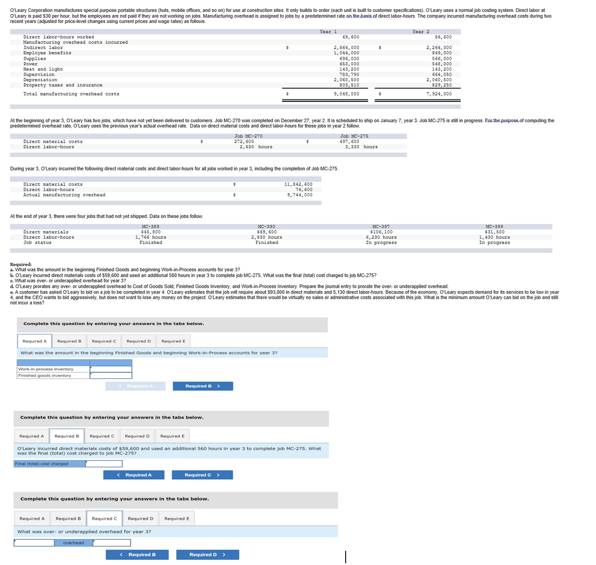 O'Leary Corporation manufactures special purpose portable structures (huts, mobile offices, and so on) for use at construction sites. It only builds to order (each unit is built to customer specifications). O'Leary uses a normal job costing system. Direct labor at
O'Leary is paid $30 per hour, but the employees are not paid if they are not working on jobs. Manufacturing overhead is assigned to jobs by a predetermined rate on the basis of direct labor-hours. The company incurred manufacturing overhead costs during two
recent years (adjusted for price-level changes using current prices and wage rates) as follows.
Year 1
Year 2
Direct labor-hours worked
69, 600
56, 600
Manufacturing overhead costs incurred
Indirect labor
Employee benefits
Supplies
Рower
Heat and light
Supervision
Depreciation.
Property taxes and insurance
2,864,000
1,044,000
696, 000
653, 000
2,264,000
849,000
566, 000
548,000
143,200
664, 050
2,060, 500
143,200
783,790
2,060,500
803,510
829,250
Total manufacturing overhead costs
9,048,000
7,924,000
At the beginning of year 3, O'Leary has two jobs, which have not yet been delivered to customers. Job MC-270 was completed on December 27, year 2. It is scheduled to ship on January 7, year 3. Job MC-275 is still in progress. For the.pupose.of computing the
predetermined overhead rate, O'Leary uses the previous year's actual overhead rate. Data on direct material costs and direct labor-hours for these jobs in year 2 follow.
Job MC-270
Job MC-275
497, 600
3,330 hours
Direct material costs
272, 600
2,630 hours
Direct labor-hours
During year 3, O'Leary incurred the following direct material costs and direct labor-hours for all jobs worked in year 3, including the completion of Job MC-275.
Direct material costs
Direct labor-hours
Actual manufacturing overhead
11,842, 600
76, 600
9,744,000
At the end of year 3, there were four jobs that had not yet shipped. Data on these jobs follow.
мс-390
$69, 600
2,830 hours
мс-399
$31,500
1,430 hours
In progress
MC-389
МC-397
Direct materials
Direct labor-hours
Job status
$45,800
1,766 hours
Finished
$106,100
6,230 hours
In progress
Finished
Required:
a. What was the amount in the beginning Finished Goods and beginning Work-in-Process accounts for year 3?
b. O'Leary incurred direct materials costs of $59,600 and used an additional 560 hours in year 3 to complete job MC-275. What was the final (total) cost charged to job MC-275?
c. What was over- or underapplied overhead for year 3?
d. O'Leary prorates any over- or underapplied overhead to Cost of Goods Sold, Finished Goods Inventory, and Work-in-Process Inventory. Prepare the journal entry to prorate the over- or underapplied overhead.
e. A customer has asked O'Leary to bid on a job to be completed in year 4. O'Leary estimates that the job will require about $93,800 in direct materials and 5,130 direct labor-hours. Because of the economy, O'Leary expects demand for its services to be low in year
4, and the CEO wants to bid aggressively, but does not want to lose any money on the project. O'Leary estimates that there would be virtually no sales or administrative costs associated with this job. What is the minimum amount O'Leary can bid on the job and still
not incur a loss?
Complete this question by entering your answers in the tabs below.
Required A
Required B
Required C
Required D
Required E
What was the amount In the beginning Finished Goods and beginning Work-In-Process accounts for year 3?
Work-in-process inventory
Finished goods inventory
< Required A
Required B >
Complete this question by entering your answers in the tabs below.
Required A
Required B
Required C
Required D
Required E
O'Leary incurred direct materials costs of $59,600 and used an additional 560 hours in year 3 to complete job MC-275. What
was the final (total) cost charged to Job MC-275?
Final (total) cost charged
< Required A
Required C >
Complete this question by entering your answers in the tabs below.
Required A
Required B
Required C
Required D
Required E
What was over- or underapplied overhead for year 3?
overhead
< Required B
Required D >
