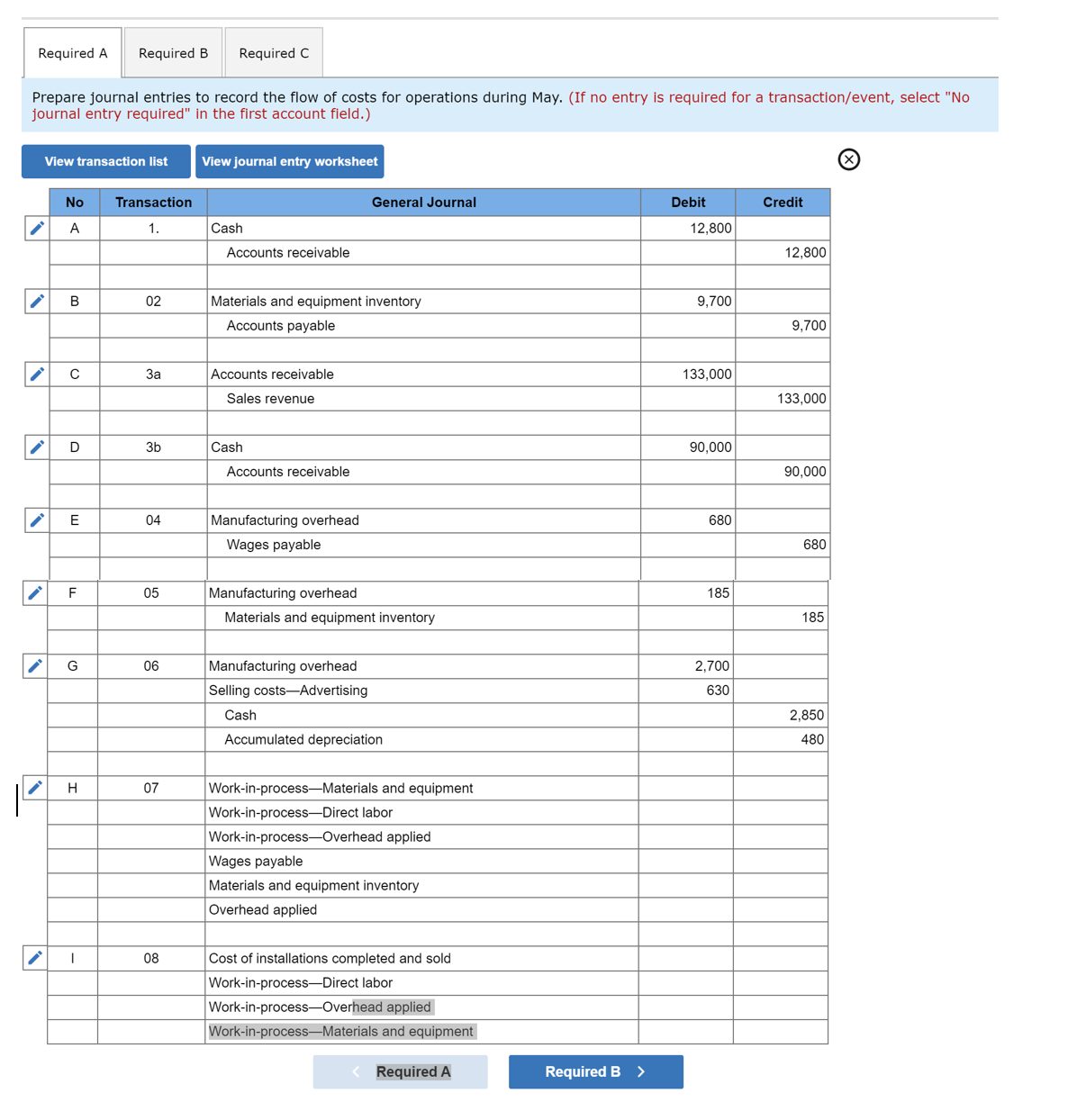 Required A
Required B
Required C
Prepare journal entries to record the flow of costs for operations during May. (If no entry is required for a transaction/event, select "No
journal entry required" in the first account field.)
View transaction list
View journal entry worksheet
No
Transaction
General Journal
Debit
Credit
A
1.
Cash
12,800
Accounts receivable
12,800
B
02
Materials and equipment inventory
9,700
Accounts payable
9,700
За
Accounts receivable
133,000
Sales revenue
133,000
D
3b
Cash
90,000
Accounts receivable
90,000
E
04
Manufacturing overhead
680
Wages payable
680
F
05
Manufacturing overhead
185
Materials and equipment inventory
185
G
06
Manufacturing overhead
2,700
Selling costs-Advertising
630
Cash
2,850
Accumulated depreciation
480
Work-in-process-Materials and equipment
Work-in-process-Direct labor
Work-in-process-Overhead applied
H
07
Wages payable
Materials and equipment inventory
Overhead applied
08
Cost of installations completed and sold
Work-in-process-Direct labor
Work-in-process-Overhead applied
Work-in-process–Materials and equipment
Required A
Required B
>
