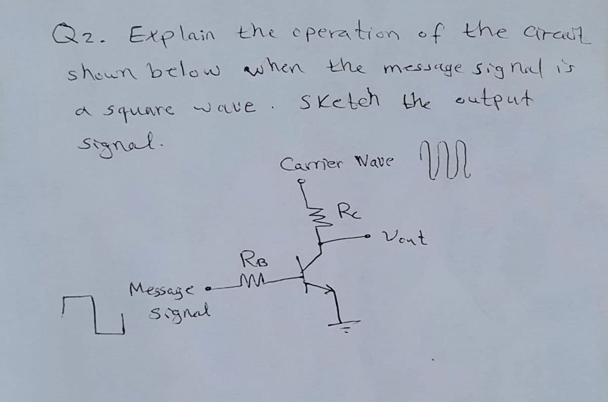 Q2. Explain the operation of the craut
shown below when the message signal is
Sketch the output
a square wave. Sketch the
signal.
m
Message
signal
r
RB
M
Carrier Wave
3 Rc
Vont