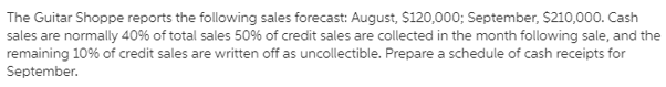 The Guitar Shoppe reports the following sales forecast: August, $120,000; September, $210,000. Cash
sales are normally 40% of total sales 50% of credit sales are collected in the month following sale, and the
remaining 10% of credit sales are written off as uncollectible. Prepare a schedule of cash receipts for
September.
