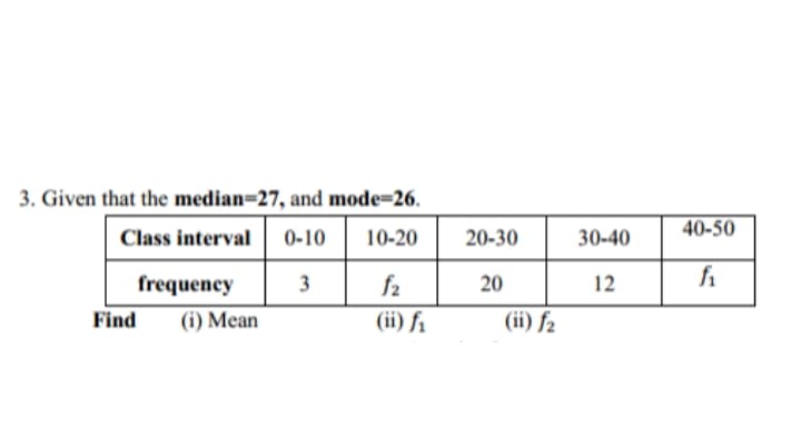 3. Given that the median=27, and mode=26.
40-50
Class interval
0-10
10-20
20-30
30-40
frequency
fi
3
f2
20
12
Find
(i) Mean
(ii) f1
(ii) f2
