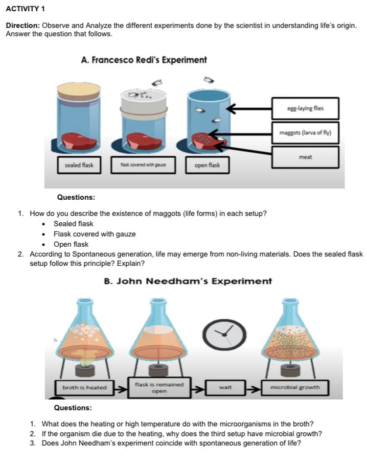 ACTIVITY 1
Direction: Observe and Analyze the different experiments done by the scientist in understanding life's origin.
Answer the question that follows.
A. Francesco Redi's Experiment
sealed flask
flask covered with gauze
broth is heated
open flask
flask is remained
open
egg-laying flies
Questions:
1. How do you describe the existence of maggots (life forms) in each setup?
• Sealed flask
• Flask covered with gauze
Open flask
2. According to Spontaneous generation, life may emerge from non-living materials. Does the sealed flask
setup follow this principle? Explain?
B. John Needham's Experiment
wait
maggots (larva of fly)
meat
microbial growth
Questions:
1. What does the heating or high temperature do with the microorganisms in the broth?
2. If the organism die due to the heating, why does the third setup have microbial growth?
3. Does John Needham's experiment coincide with spontaneous generation of life?