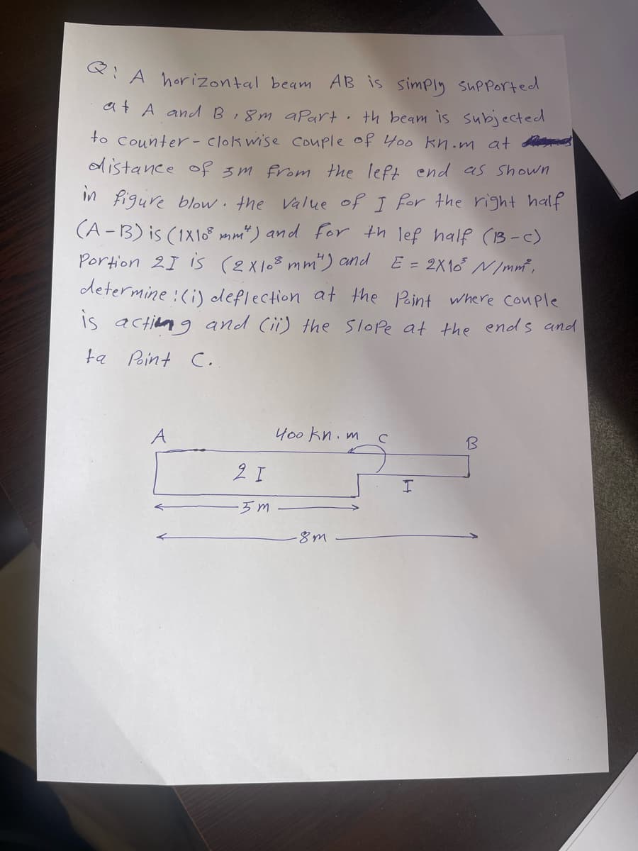 Q: A horizontal beam AB is simply supported.
at A and B, 8m apart. th beam is subjected
to counter-clokwise couple of 4oo kn.m at
distance of 3m from the left end as shown
in figure blow. the value of I for the right half
(A-B) is (1X10 mm") and for th lef half (B3-c)
Portion 21 is (2×108 mm²) and
E = 2X10 N/mm².
determine!
(i) deflection at the point where couple
is acting and (ii) the slope at the ends and
ta Point C.
A
2 I
.5m
400 kn. m
8m
с
I
B
