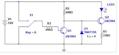 V1
12V
$1
Key-A
R3
24k0
R2
24002
Q1
2N3904
LED1
4
Q2
2N3904
D1
1N4739A R1
Vz-9
3300