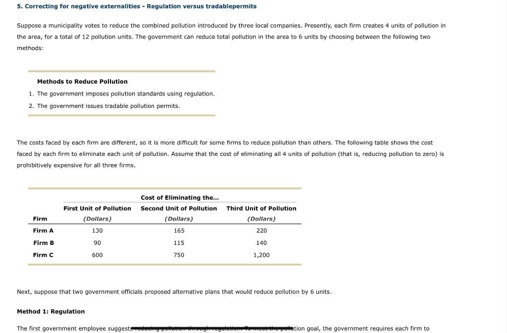 5. Correcting for negative externalities - Regulation versus tradablepermits
Suppose a municipality votes to reduce the combined pollution introduced by three local companies. Presently, each firm creates 4 units of pollution in
the area, for a total of 12 pollution units. The government can reduce total pollution in the area to 6 units by choosing between the following two
methods:
Methods to Reduce Pollution
1. The government imposes pollution standards using regulation.
2. The government issues tradable pollution permits.
The costs faced by each firm are different, so it is more difficult for some firms to reduce pollution than others. The following table shows the cost
faced by each firm to eliminate each unit of pollution. Assume that the cost of eliminating all 4 units of pollution (that is, reducing pollution to zero) is
prohibitively expensive for all three firms.
Firm
Firm A
Firm B
Firm C
First Unit of Pollution
(Dollars)
130
90
Method 1: Regulation
600
Cost of Eliminating the...
Second Unit of Pollution Third Unit of Pollution
(Dollars)
(Dollars)
165
220
140
1,200
115.
750
Next, suppose that two government officials proposed alternative plans that would reduce pollution by 6 units.
The first government employee suggests reducing pollution through regaladom to meet the pollation goal, the government requires each firm to