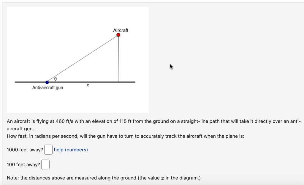 0
Anti-aircraft gun
Aircraft
An aircraft is flying at 460 ft/s with an elevation of 115 ft from the ground on a straight-line path that will take it directly over an anti-
aircraft gun.
How fast, in radians per second, will the gun have to turn to accurately track the aircraft when the plane is:
1000 feet away? help (numbers)
100 feet away?
Note: the distances above are measured along the ground (the value in the diagram.)