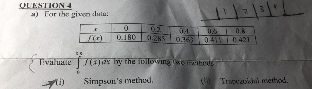 QUESTION 4
a) For the given data:
0.
0.2
0.4
0.6
0.8
f(x)
0.180
0.285
0.363
0.411
0.421
0.8
Evaluate f(x) dx by the following two methods
(i)
Simpson's method.
(ii) Trapezoidal method.
