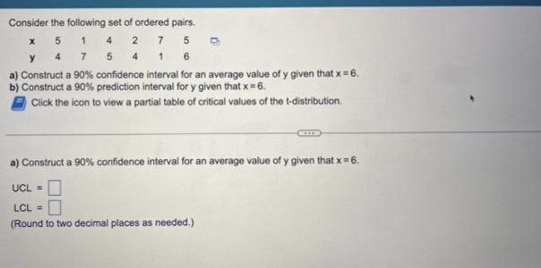 Consider the following set of ordered pairs.
x 5 1 4 2 7 5
47 5 4 16
y
a) Construct a 90% confidence interval for an average value of y given that x = 6.
b) Construct a 90% prediction interval for y given that x = 6.
Click the icon to view a partial table of critical values of the t-distribution.
a) Construct a 90% confidence interval for an average value of y given that x = 6.
UCL =
LCL =
(Round to two decimal places as needed.)