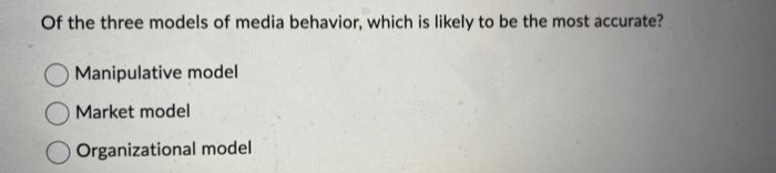 Of the three models of media behavior, which is likely to be the most accurate?
Manipulative model
Market model
Organizational model.