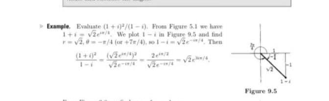 Example. Evaluate (1+1)/(1 – 1). From Figure 5.1 we have
1+i= v2e We plot 1-i in Figure 9.5 and find
rv2, 0--/4 (or +7/4), so 1-iV2e/4, Then
2e/a
Figure 9.5
