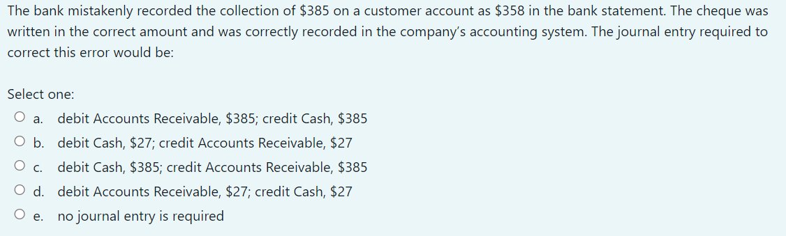 The bank mistakenly recorded the collection of $385 on a customer account as $358 in the bank statement. The cheque was
written in the correct amount and was correctly recorded in the company's accounting system. The journal entry required to
correct this error would be:
Select one:
a.
debit Accounts Receivable, $385; credit Cash, $385
O b. debit Cash, $27; credit Accounts Receivable, $27
Ос.
debit Cash, $385; credit Accounts Receivable, $385
d.
debit Accounts Receivable, $27; credit Cash, $27
no journal entry is required
е.
