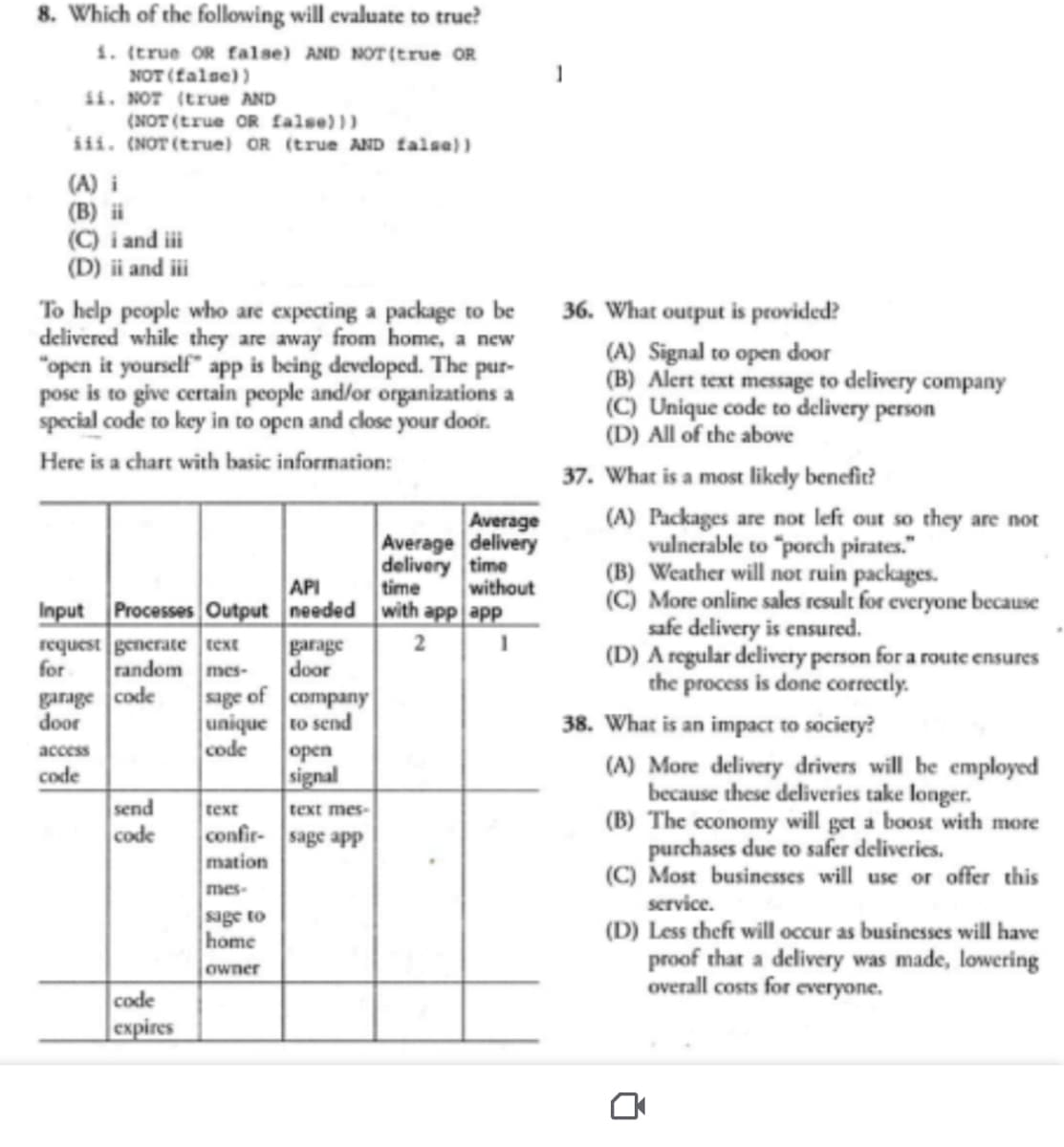 8. Which of the following will evaluate to true?
1. (true OR false) AND NOT (true OR
NOT (false))
ii. NOT (true AND
(NOT (true OR false)))
iii. (NOT (true) OR (true AND false))
(A) i
(B) ii
(C) i and iii
(D) ii and iii
To help people who are expecting a package to be
delivered while they are away from home, a new
"open it yourself" app is being developed. The pur-
pose is to give certain people and/or organizations a
special code to key in to open and close your door.
Here is a chart with basic information:
Input Processes Output
request generate text
random mes-
for
garage code
door
access
code
send
code
code
expires
sage of
unique
code
API
needed
mes-
sage to
home
owner
garage
door
company
to send
open
signal
text
text mes-
confir- sage app
mation
Average
Average delivery
delivery time
time
with app app
without
2
1
1
36. What output is provided?
(A) Signal to open door
(B) Alert text message to delivery company
(C) Unique code to delivery person
(D) All of the above
37. What is a most likely benefit?
(A) Packages are not left out so they are not
vulnerable to "porch pirates."
(B) Weather will not ruin packages.
(C) More online sales result for everyone because
safe delivery is ensured.
(D) A regular delivery person for a route ensures
the process is done correctly.
38. What is an impact to society?
(A) More delivery drivers will be employed
because these deliveries take longer.
(B) The economy will get a boost with more
purchases due to safer deliveries.
(C) Most businesses will use or offer this
service.
(D) Less theft will occur as businesses will have
proof that a delivery was made, lowering
overall costs for everyone.