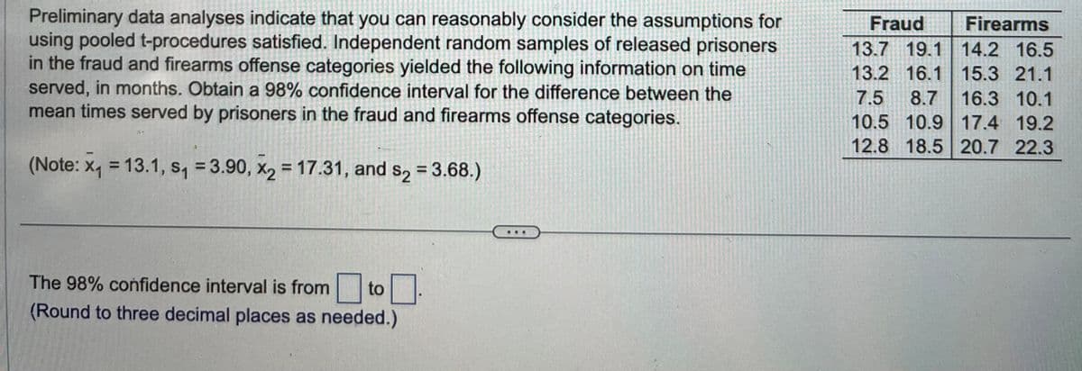 Preliminary data analyses indicate that you can reasonably consider the assumptions for
using pooled t-procedures satisfied. Independent random samples of released prisoners
in the fraud and firearms offense categories yielded the following information on time
served, in months. Obtain a 98% confidence interval for the difference between the
mean times served by prisoners in the fraud and firearms offense categories.
(Note: x₁ = 13.1, S₁ = 3.90, x₂ = 17.31, and s₂ = 3.68.)
The 98% confidence interval is from to
(Round to three decimal places as needed.)
Fraud
Firearms
13.7 19.1 14.2 16.5
15.3 21.1
13.2 16.1
8.7 16.3 10.1
7.5
10.5 10.9 17.4 19.2
12.8 18.5 20.7 22.3