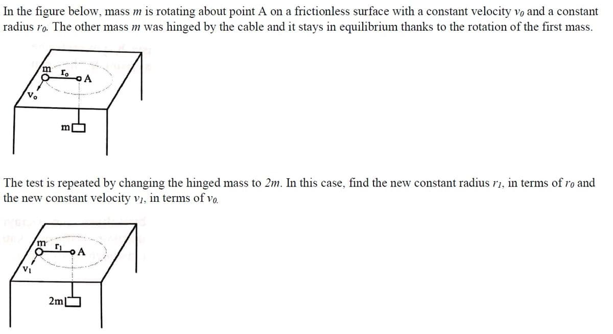 In the figure below, mass m is rotating about point A on a frictionless surface with a constant velocity vo and a constant
radius ro. The other mass m was hinged by the cable and it stays in equilibrium thanks to the rotation of the first mass.
m
ro
A
Vo
The test is repeated by changing the hinged mass to 2m. In this case, find the new constant radius rı, in terms of ro and
the new constant velocity v1, in terms of vo.
m
VI
2m|
