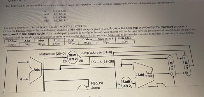 QUESTION TA
The following MIPS instruction sequence is executed on a 5-cycle pipeline datapath, which is implemented with hazard detection and forwarding unit
Iw
add
$31. 0(550)
S10, 510, Sel
$52, 4($80)
Stl. Stl. Ss2
lw
add
The above sequence of instruction will cause TWO STALL CYCLES.
Given the latencies below for the individual elements of the MIPS datapath given to you, Provide the speedup provided by the pipelined processor
compared to the single cycle. (Use the datapath provided in the figure below). Your answer will be the ratio between the amount of time taken by the pipelined
processor and the single cycle processor in order to execute the above four instructions. Make sure to include the stalls due to the data hazards in your calculations.
1-Mem
Add
Mux
ALU
Regs
Sign-extend
Shift-left-2
D-Mem
500ps
500ps
150ps
100ps
150ps
20ps
200ps
90ps
Instruction [25-01
Jump address [31-0]
Shift
left 2,
26
28
PC +4 [31-28)
ALU
result
RegDst
Jump
Add
Shift
left 2/
Add
(。 Max-
MUX
1